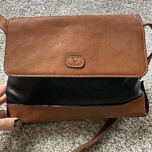 Vintage Valentino Garavani Crossbody Shoulder Bag Black Brown Leather Italy